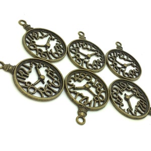 6pcs Large Antique Brass Clock Pendant, Filigree Vintage Brass Clock Pendants, Antique Bronze Tone Clock Charm Pendants, Steampunks Pendants