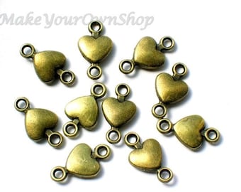 Antique brass heart connectors, 10 Little heart connectors, Small brass connector charms, Love connector charms, Little Vintage heart charms