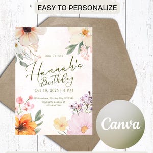 Blumeneinladung, bearbeitbar, bedruckbar, Geburtstagseinladung, Canva