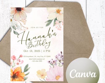 May include: A floral birthday invitation with the text "Hannah's Birthday" and event details. The invitation is 5x7 inches and features watercolor flowers in pink, orange, and yellow. The Canva logo is visible.