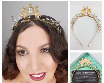 COSMIC LOVE Celestial Star Moon Tiara Heddy Lamar Deco Gold  Pin up Old Hollywood  Rhinestone Crystal Bridal  Headpiece Crown  Vintage