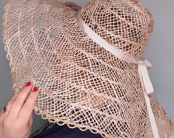 Oversized Handmade Straw Sun Hat – Wide Brim Natural Jute Hat, Open Weave Floppy Beach Hat, Women’s Summer Hat