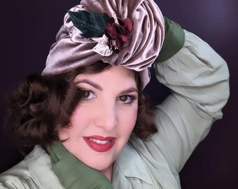Velvet Turban , Vintage 1940s Grey Velvet Dramatic Turban  Pinup Turban, Velvet Flower Trim, Stretch Velvet Full Turban - One Size