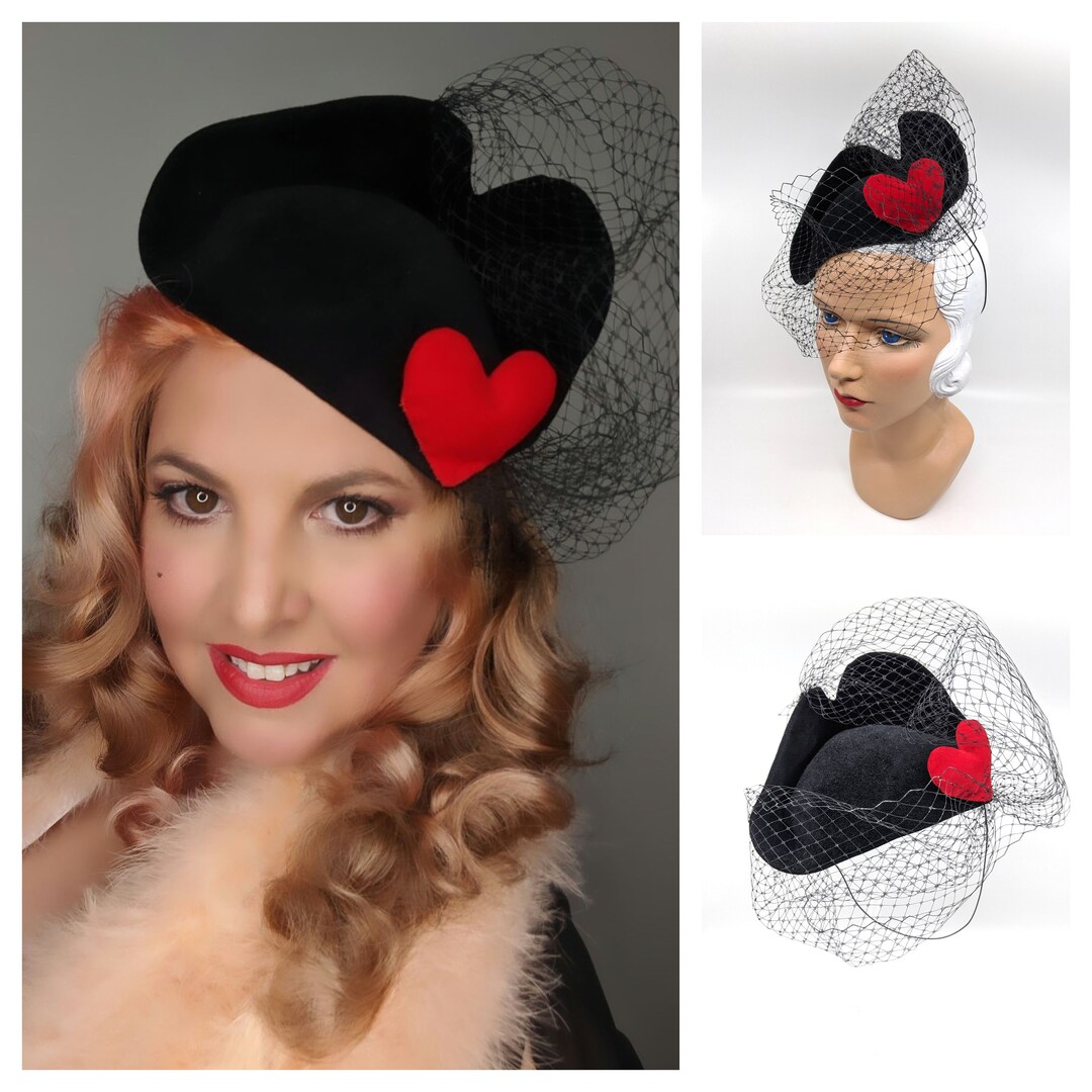 HEART HAT 1940's Style Tilt Hat ,40's Black Hat , Felt Cocktail Hat