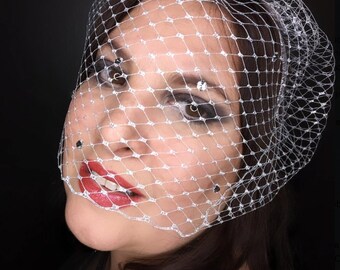 Vintage Style Silver handmade Rhinestone Veil Birdcage Headpiece Rhinestone  Swarovski Crystals Cocktail  Art Deco- Ready To Ship