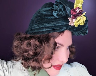 Velvet Turban ,1940s Style Green Velvet Turban,pinup Velvet Flower Trim, Stretch Velvet Full Turban - One Size