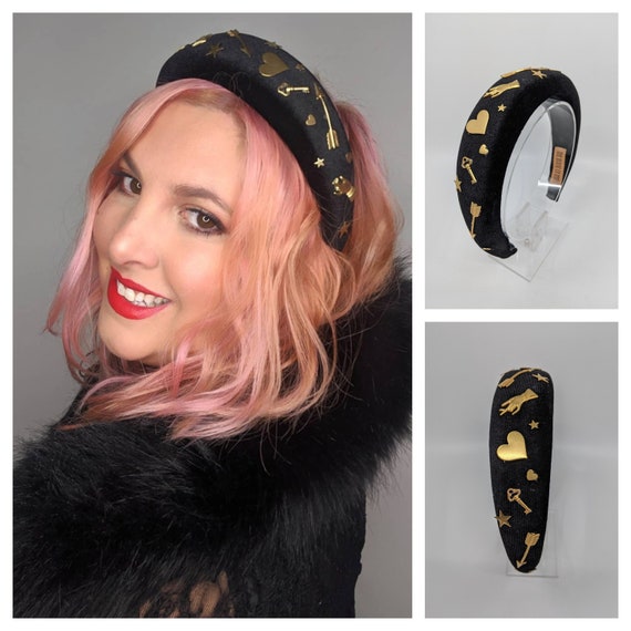 Brass Embellished Headband Black Velvet Padded Headband - Etsy