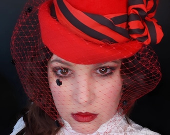 Victorian Gothic Red Steampunk Tilt Hat • 1940s  • Felt Statement Hat with Veil & Striped Bow • Cosplay Costume Handmade Millinery