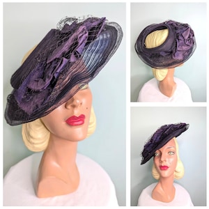 Vintage 1930s 1940s Hat, 1930s Black Crinoline hat, Open Crown Sun Hat, 30s taffeta Bows Art Deco Wide Brim Hat , Old Hollywood Hat