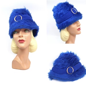 Vintage 1960s Blue Faux Fur Hat, 60s&#39; Harbig &quot; Mod Hat, 60s Winter Bucket Hat, Knitted Hat