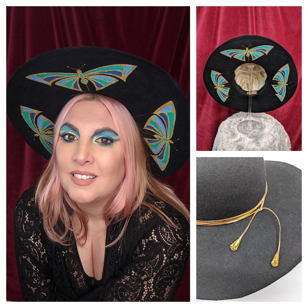 One of A Kind CUSTOM Hat, Hand Painted Hat, Black Fur Felt Custom Hat , Wide Brim Boho Hat