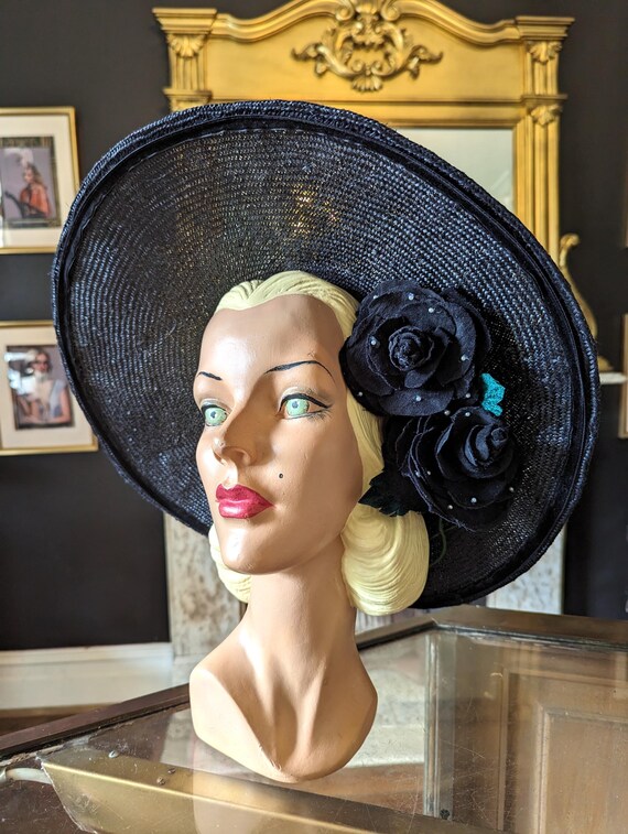 Vintage Black Parasisal Straw Hat, Velvet Roses , Handmade  display picture 1