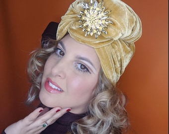 1940s Style Gold Velvet Turban | Handmade Vintage Inspired Knot Turban Headpiece - Made To Order