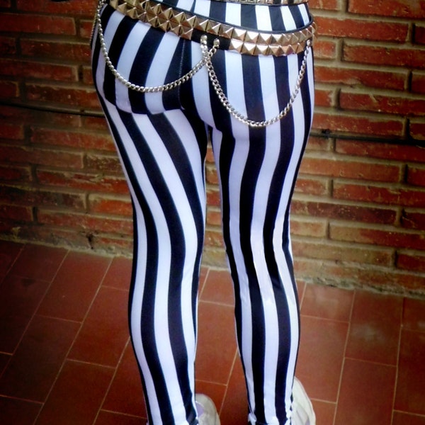 Black and white striped leggings unisex pants heavy metal inspired Steve Harris 80's glam metal rock outfit stage Beetlejuice Tim Burton
