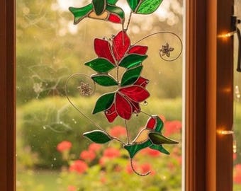 Stained Glass Hummingbird Scroll: Custom Window Sun Catcher