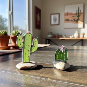 Handcrafted Stained Glass Cactus on Rock - Unique Home Decor