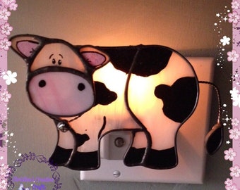 Cow, Stained Glass, Night Light, Cow Night Light, Sun Catcher, Home and Living, Hand Made, Custom Order, Glass Art, Home Decor, Farm Animal