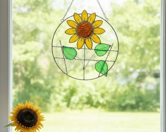 Atrapasol de girasol de vitral hecho a mano – Decoración floral para ventana