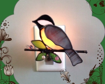 Chickadee, Stained Glass, Night Light, Sun Catcher, Custom Made, Handmade, Home Decor, Bird Light