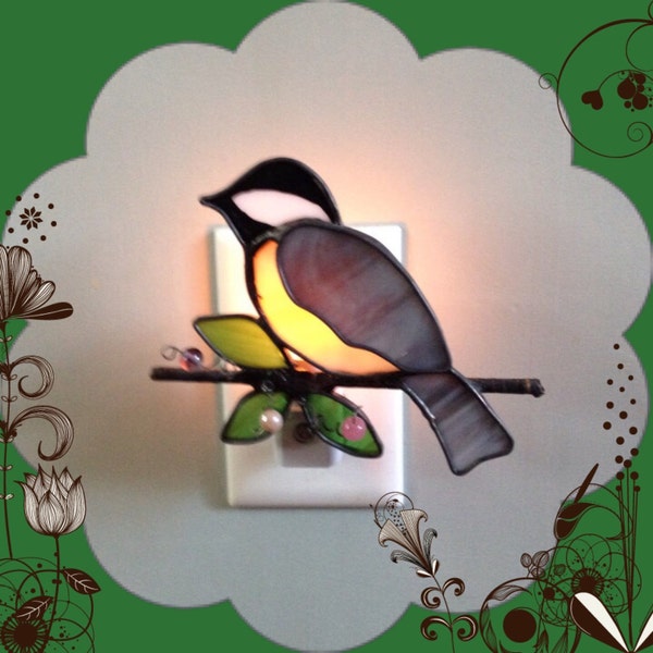 Chickadee, Stained Glass, Night Light, Sun Catcher, Custom Made, Handmade, Home Decor, Bird Light