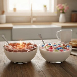 May include: Two glass bowls filled with cereal-shaped candles, each with a spoon. One bowl has a lit candle in the centre. The other bowl has colourful cereal pieces. The bowls sit on a wooden table.