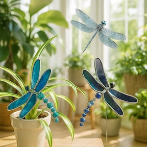 Beaded Stained Glass Dragonfly Plant Stake: Handmade Garden Decor