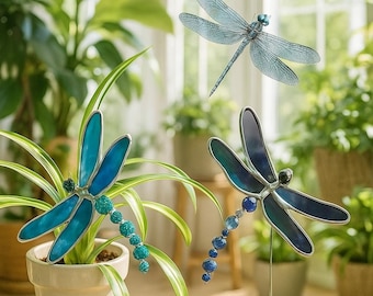 Beaded Stained Glass Dragonfly Plant Stake: Handmade Garden Decor