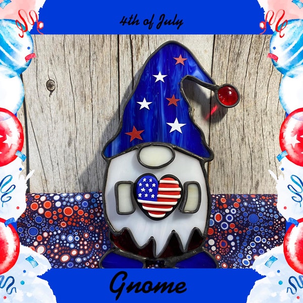 4th of July Gnome, Gnome, Stained Glass Gnome, Stained Glass, 4th of July Decor, Home and Living, Ornament, Accecents, Home Decor, Seasonal