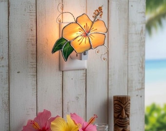 Hibiscus, Stained Glass Night Light or Sun Catcher, Custom Made, Hand Made Flower