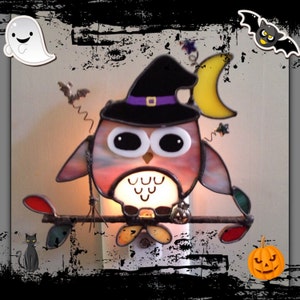 Halloween, Owl, Witch, Halloween Decor, Stained Glass, Night Light, Sun Catcher, Hand Made, Custom Made
