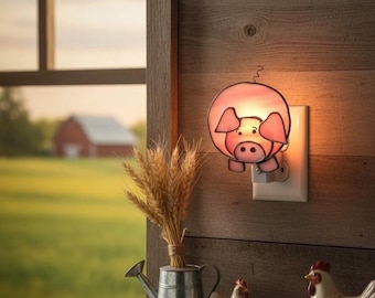 Gebrandschilderd nachtlampje varken: handgemaakt decor van boerderijdieren