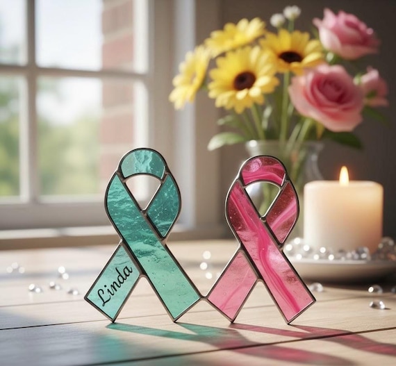 Personalized Stained Glass Cancer Ribbon Suncatcher - Custom Colors