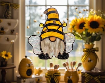 Stained Glass Bumble Bee Gnome Suncatcher: Custom Home Decor