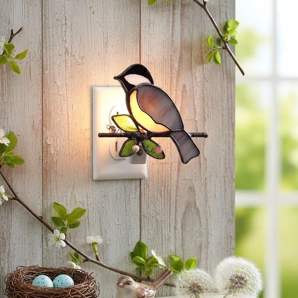 Meise, Glasmalerei, Nachtlicht, Sonnenfänger, maß angefertigt, handgemacht, Wohnkultur, Vogellicht