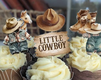 12 Little Cowboy Cupcake Toppers, Cowboy Food picks, Cowboy decorations, Cowboy baby shower, Cowboy Birthday Party, Cowgirl toppers, HM788