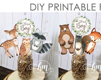 PRINTABLE woodland centerpieces 4", set of 10 woodland cutouts, Woodland It's a Boy baby shower signs, woodland decorations, woodland props