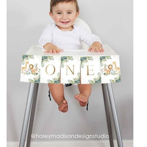 Banner de trona de jungla, letrero de pancarta UNO para primer cumpleaños de safari, decoraciones para fiesta de primer cumpleaños de jungla, pancarta dorada de jungla, safari HM952