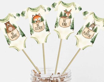 Woodland Centerpieces set of 8, Forest Animals baby shower bodysuit cutouts