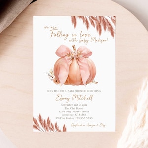 Invitation de baby shower d'automne, invitation de baby shower de thanksgiving de noeud de citrouille, petite invitation de citrouille, invitation de baby shower de tomber amoureux