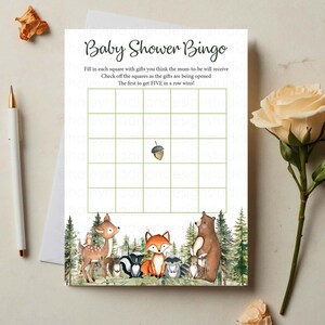 Woodland Bingo Baby Shower Spiel, Wald Baby Shower Bingo Spiel Woodland Greenery Baby Shower Spiel Geschlechtsneutral, Waldspiele PRINTABLE