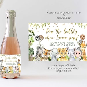 Mini Champagne Bottle Labels, Jungle Safari Baby Shower favors, Pop the Bubbly Jungle baby shower thank you, Safari party favor HM952