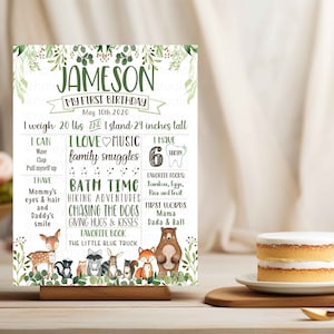 Woodland First Birthday Poster, Woodland Birthday Party sign Woodland Baby's first year sign Woodland greenery birthday sign, 1st Bday Stats