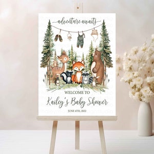 Letrero de bienvenida para baby shower en el bosque, bienvenida para baby shower en el bosque "La aventura te espera", letrero de bienvenida para baby shower con artículos para bebés, bosque de jardín