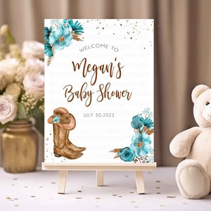 Cartello di benvenuto per baby shower da cowboy, cartello di benvenuto da cowboy, cartello floreale per baby shower da cowboy, cowboy blu, cartello di benvenuto da cowgirl rosa HM789