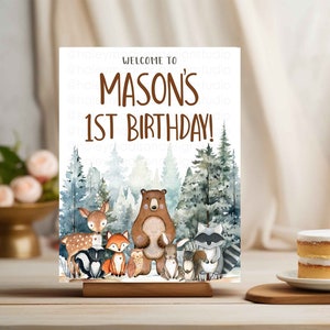 Cartello di benvenuto nel bosco, cartello di benvenuto per la festa di compleanno nel bosco, cartello per baby shower nel bosco, baby shower gender neutral, animali del bosco