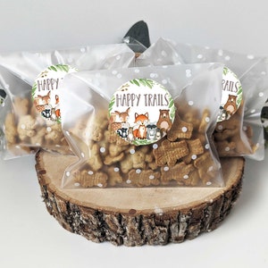 Set of 12 Stickers and bags, Woodland Trail Mix bags, Baby Shower Thank you tags, Woodland baby shower favors, Woodland party favors treats
