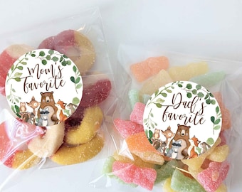 Set of 12 Woodland Baby Shower Favors, His and Her favorite treats, Stickers and Bags, Woodland baby shower tags, 12 personalized favors