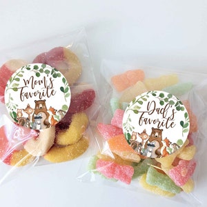 Set of 12 Woodland Baby Shower Favors, His and Her favorite treats, Stickers and Bags, Woodland baby shower tags, 12 personalized favors
