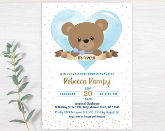 Teddy Bear Baby shower invitation, It's a Boy Bearly Wait baby shower, Boy Blue Teddy Bear baby shower invitation, Teddy Invitation HM887