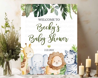 Cartello di benvenuto per baby shower con animali della giungla, cartello di benvenuto per safari nella giungla, digitale o stampato